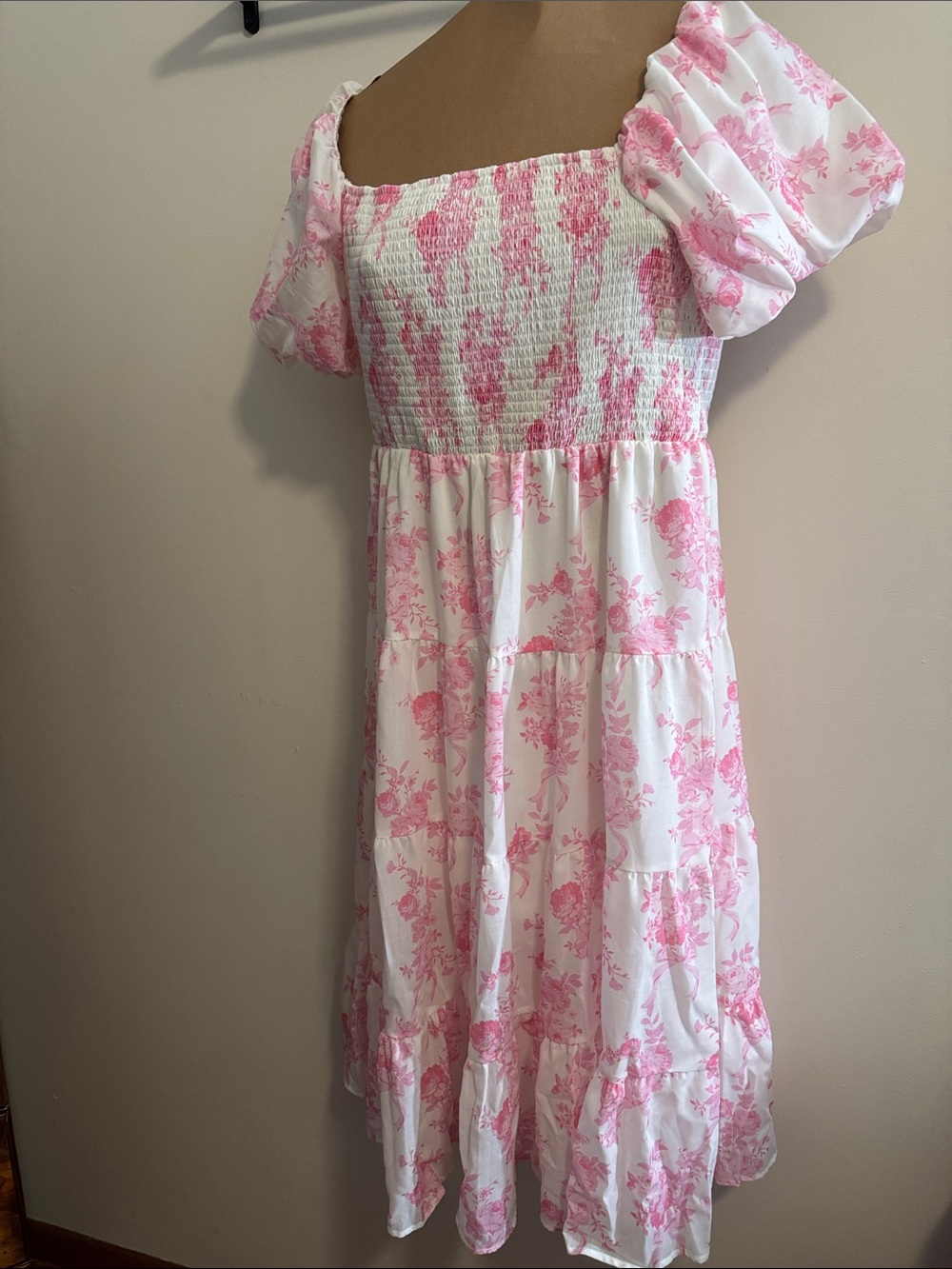 Francesca's Collections White Dress with Pink Floral Print and Smocked Bodice